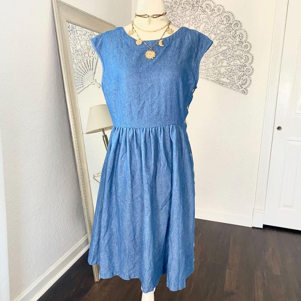 Mod Ref Casual Denim Cotton Blue Mini Midi dress A-line Size S